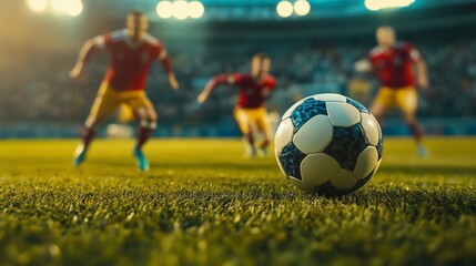Soccer ball on the field. Football player in action during the game. Soccer players competing in a match. Ball on the soccer lifestyle field.