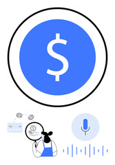Woman with magnifying glass investigating dollar symbol, connected to voice recognition and blockchain transactions. Ideal for finance, economy, digital transactions, analysis, cryptocurrency