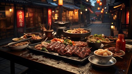 Traditional Yakiniku Feast in a Japanese Street Setting at Dusk