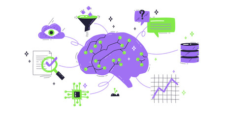 Generative AI concept with a brain, cloud, and data nodes, illustrating creativity and technology. Playful style