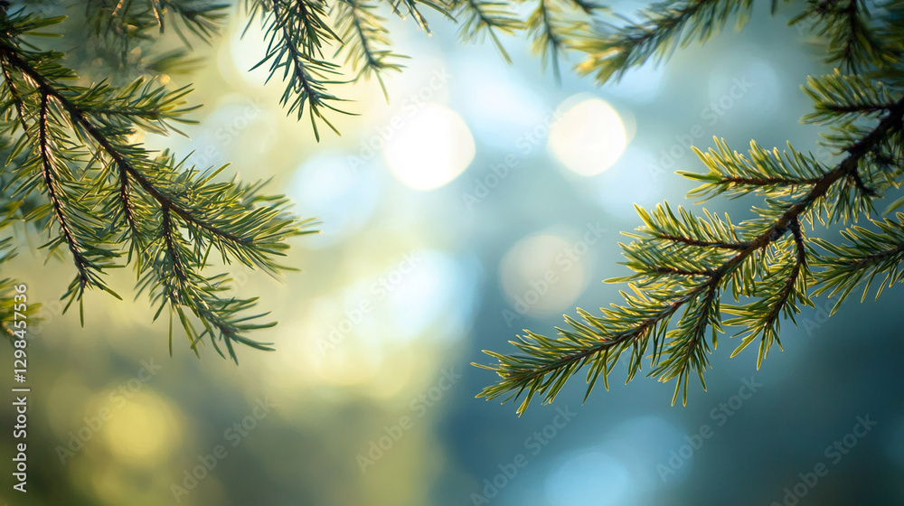 Poster Close-up of pine tree branches with soft bokeh background, symbolizing the beauty of nature and the freshness of the outdoors. Represents tranquility, greenery, and peaceful environments.