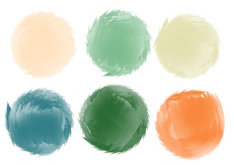 A digital abstract composition featuring six textured, brushstroke-style spheres in soft earthy tones beige, green, blue and orange arranged in a balanced grid on a white background.