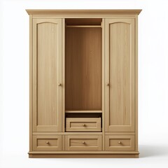 A light beige natural wood, three-door wardrobe with two interior shelves and a drawer at the bottom, presented in a crisp studio shot against a pure white background,
