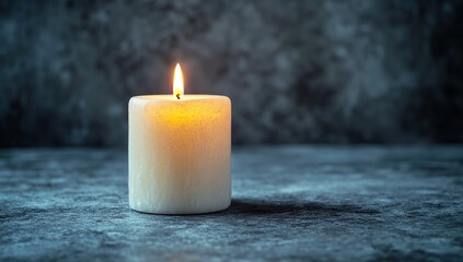 Single Lit White Candle on Dark Textured Surface