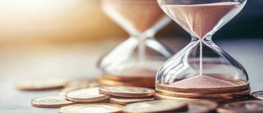 Hourglass and Coins Symbolic of Time and Money