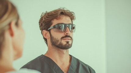 Focused individual in professional attire wearing protective eye