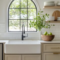 Kitchen sink with large arched window and natural decor
