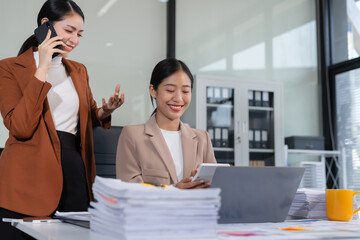 Project manager working and update tasks with milestones progress planning and professional investor working new start up project in the office.