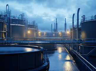 Obraz premium Highly detailed view of an industrial complex at dusk with large tanks reflecting light and multiple pipelines under a cloudy sky