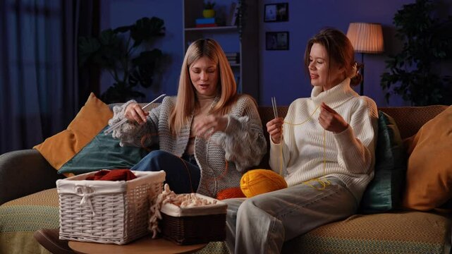 Evening of Creativity With Girlfriends While Knitting Handmade Projects at Home