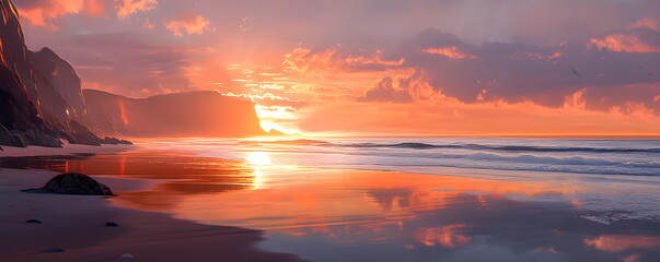 Amazingly colorful sea beach sunset with reflective red sand and bright clouds	