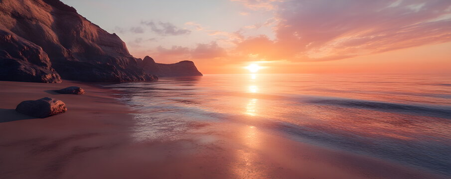 Amazingly colorful sea beach sunset with reflective red sand and bright clouds	