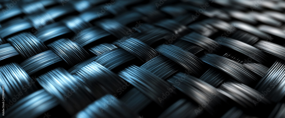 Poster close-up of a woven black carbon fiber texture with shiny reflective fibers, representing advanced m
