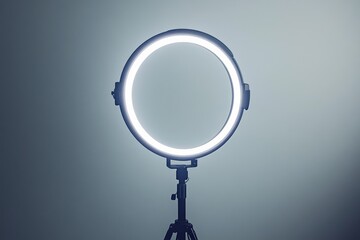 Fototapeta premium Circular LED Light on Tripod Stand - Modern lighting equipment, perfect for , videography, or live streaming. Symbolizes: creativity, illumination, technology, broadcasting, and professionalism