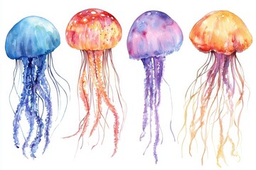 Colorful Jellyfish Watercolor Illustration - Four vibrant jellyfish, symbolizing grace, mystery, ocean life, underwater beauty, and tranquility. Watercolor painting of sea creatures