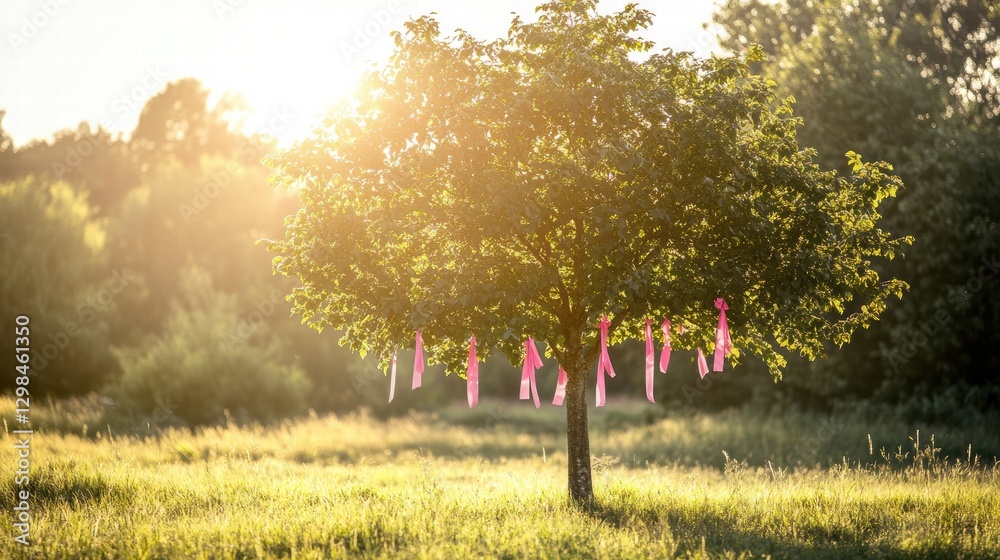 Leinwandbilder sunset light illuminating a tree adorned with pink ribbons in an open field. generative ai