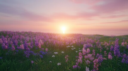 Naklejka premium Wildflowers Swaying Gently at Sunrise with Soft Pink and Orange Glow
