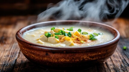 Steam Rising from Miso Soup in Ceramic Bowl Garnished with Tofu