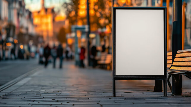 An empty advertising mock-up stands prominently on a lively city street filled with people. The warm glow of sunset casts a golden light, inviting potential messages