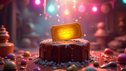 Golden ticket, A glowing golden ticket atop a chocolate fountain under soft multi-colored lights in a bright fantasy setting