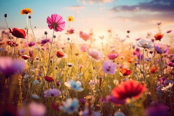 Obraz premium Field of colorful wildflowers landscape outdoors blossoms.
