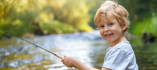 Young Boy Enjoys a Sunny Day Fishing in the River, Casting a Line into the Flowing Water