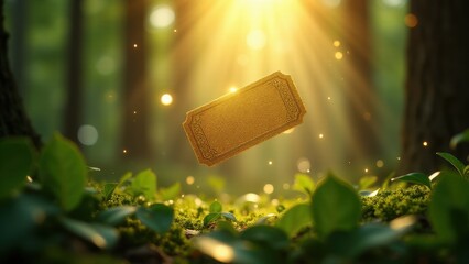 Golden ticket, A golden ticket floats in a sunlit enchanted forest filigree glowing as creatures whisper with floral accents.