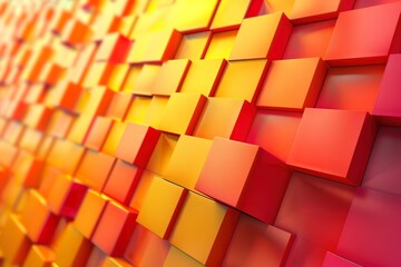 A bright gradient of squares in 3D space, shifting from yellow to orange to red in an evolving abstract pattern