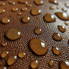 Macro shot of water droplets on textured brown leather.