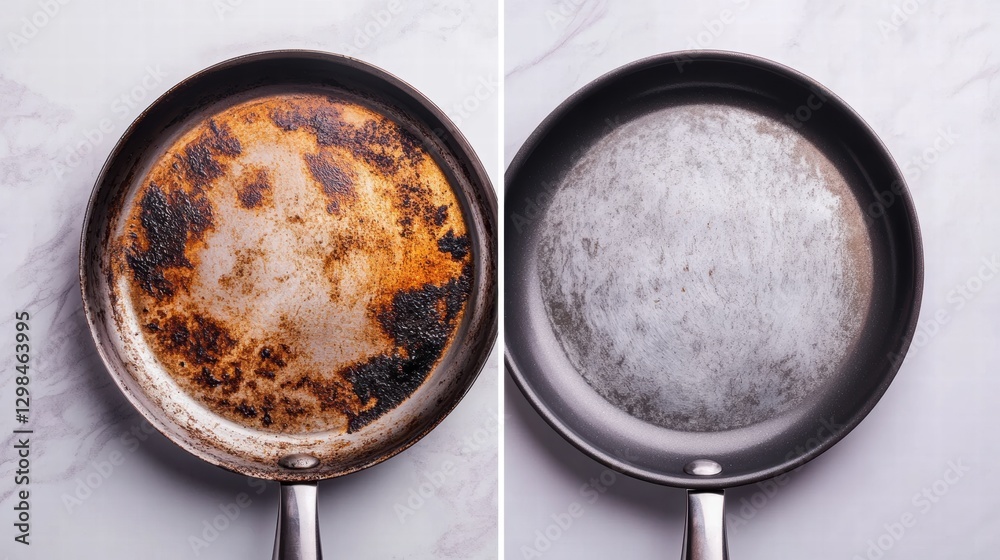 Poster Before and after cleaning a burnt skillet showing significant transformation and improved condition. Generative AI