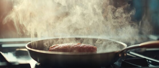 Steaming Meat Patty in a Frying Pan on a Stovetop