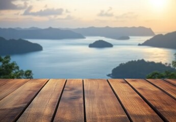 Fototapeta premium Wooden table overlooking scenic islands at sunset.