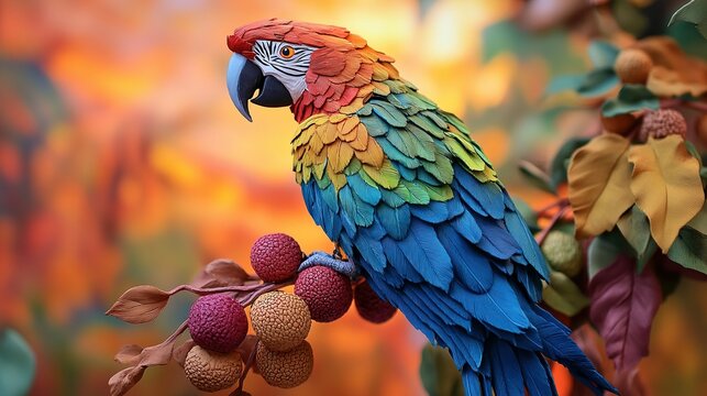 Clay macow rainbow colours sitting on the branch of tree UHD wallpaper