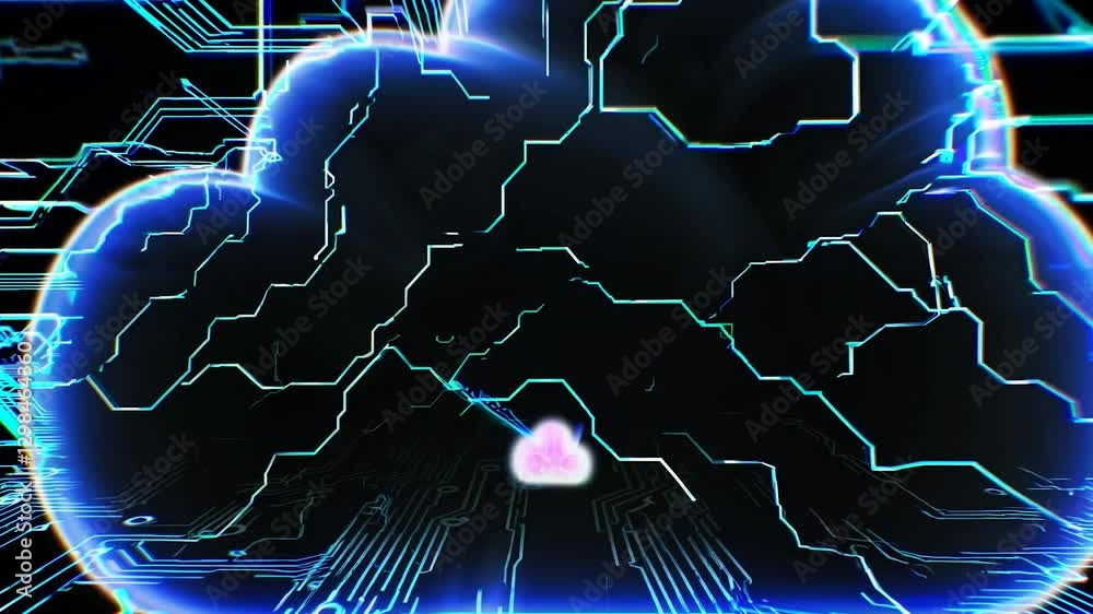 Poster cloud computing and big data analysis processing over a futuristic electronic circuit with glowing b