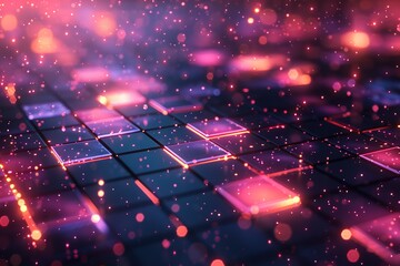 A digital landscape of glowing squares in soft gradient transitions, highlighted by glowing edges and shadow effects