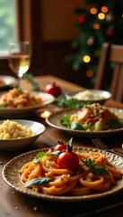 Gleaming table showcasing exquisite holiday dishes, ornate details , lavish, gold, catering