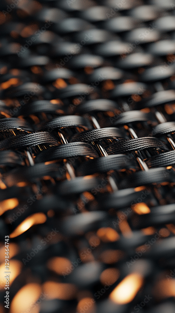 Poster close-up shot of woven black and metallic wire with highlights of orange, showing intricate patterns