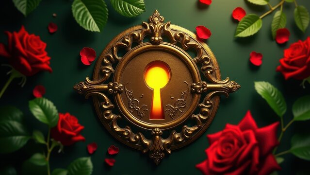 Golden ticket, Golden ticket in brass keyhole surrounded by petals. Opulent baroque styling with dramatic lighting.