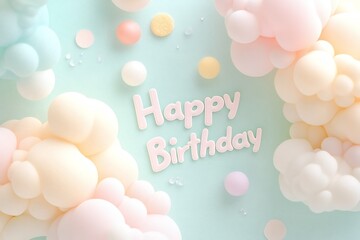 Colorful cloud decorations create a cheerful happy birthday message for a celebratory event