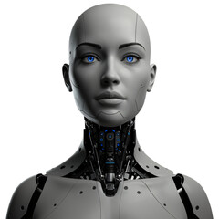 Close-up portrait of a sophisticated, grey-toned robot woman