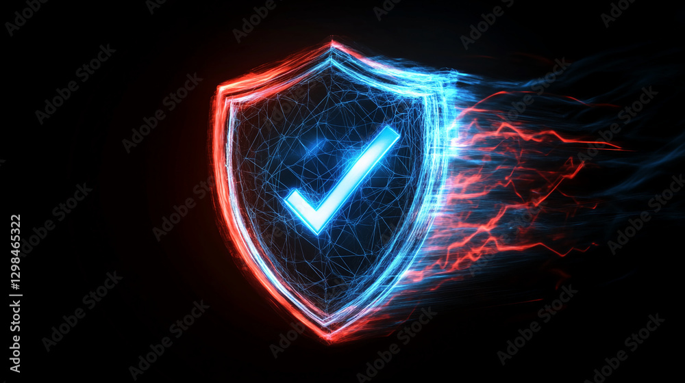 Poster abstract digital shield symbol with a check mark, glowing in blue and red, representing protection, 