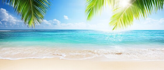 Fototapeta premium Tropical Beach with Palm Fronds and Sunlit Ocean