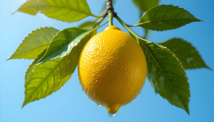 Fresh Lemon Hanging with Green Leaves and Clear Blue Sky