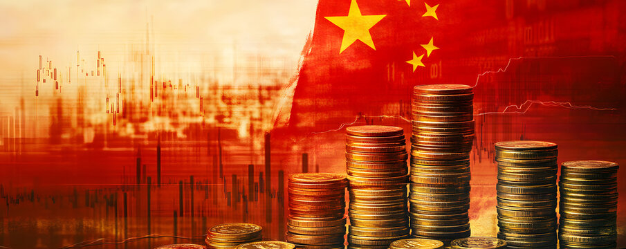 The image represents the Chinese economy with stacked coins symbolizing growth, and the Chinese flag in the background. - Powered by Adobe