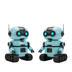 This image features two identical light blue robots with black accents, positioned facing each other against a transparent background