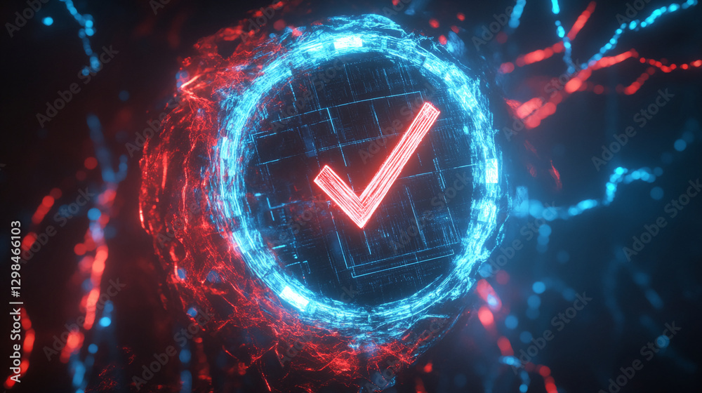Poster a glowing check mark inside a shield, surrounded by blue and red energy pulses, symbolizing digital 