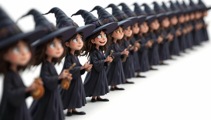 Obraz premium Animated Witches Standing in Row Wearing Hats and Holding Wands