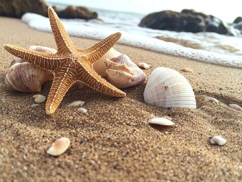 Captivating beach closeup of seashells and starfish on sandy shore