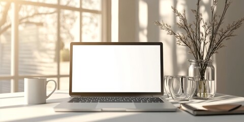On the desk, there is a laptop positioned next to a vase holding flowers
