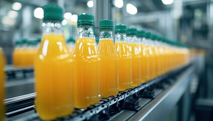 Orange Juice Bottles on Conveyor Belt in a Modern Factory